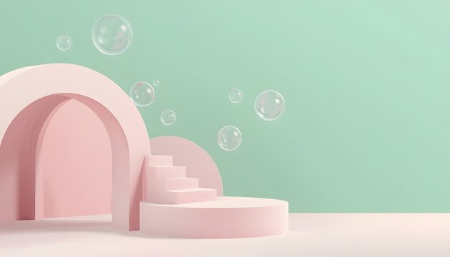Pink plaster arches and podium steps with soap bubbles
