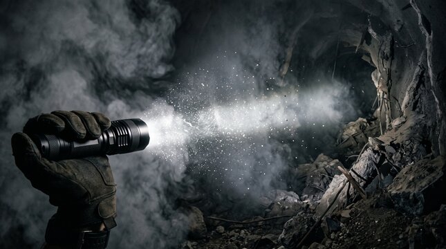 Tactical Flashlight Beam Illuminating Dark Misty Night Woods.