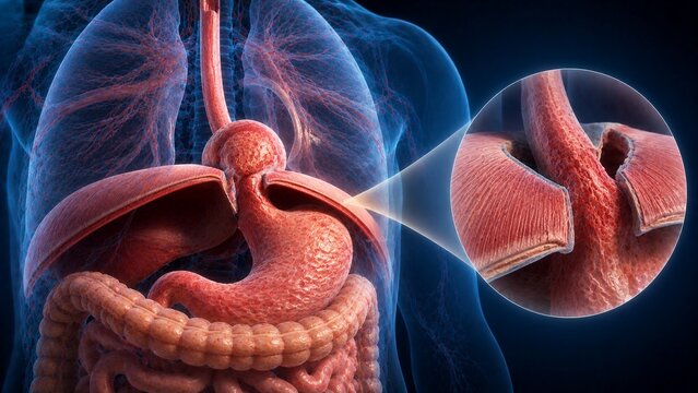 3D Medical Illustration of a Hiatal Hernia Showing the Stomach Protruding Through the Diaphragm Anatomy