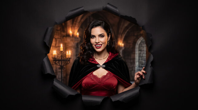 Vampire woman in red dress and black cape looking at camera through torn paper. Halloween, horror theme, costume party, entertainment.