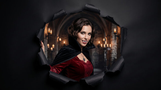 Vampire woman in red dress and black cape peeking through torn black fabric. Gothic castle interior with candlelight. Horror, fantasy, Halloween, entertainment.