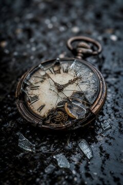 Shattered Vintage Pocket Watch with Broken Glass Resting on a Wet, Dark Asphalt Surface, Evoking Lost Time and Nostalgia.