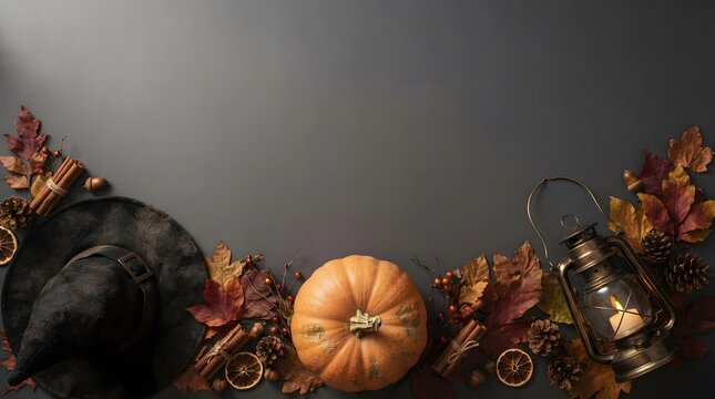 Autumn harvest background featuring a pumpkin and colorful fall leaves arranged on a dark rustic wooden surface