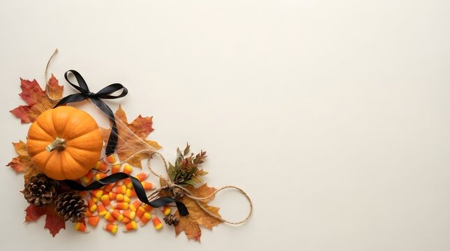 Decorative autumn arrangement with a small orange pumpkin and colorful fall leaves on a light background