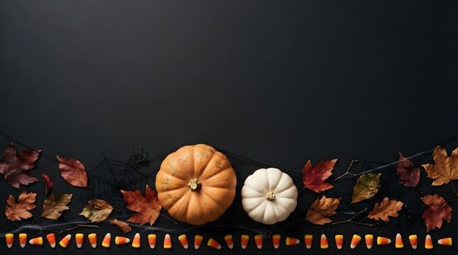Orange and white pumpkins with colorful autumn leaves arranged on a dark background with copy space