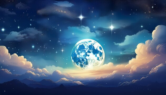 Moonlit Night Sky With Bright Moon And Clouds Above Starry Background Picture
