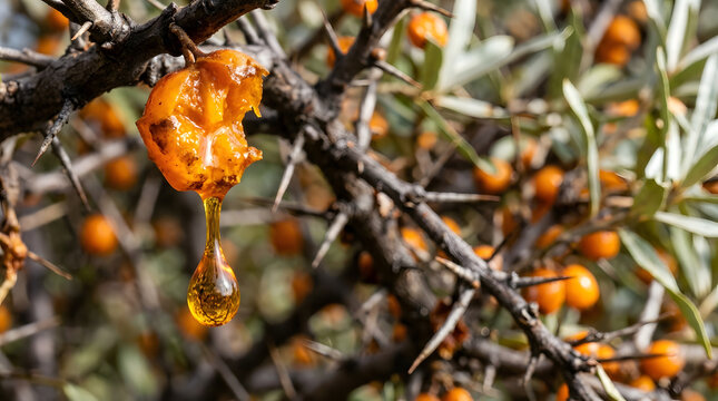 Macro view of a burst sea buckthorn berry with a dripping drop of golden juice. Close-up of orange fruit on a thorny branch