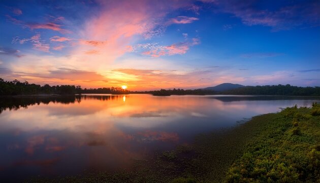 Background Image Of The Reservoir Beautiful Sunrise Or Sunset Sky Over Calm Lake With Reflection In Surface Water In The Morning Or Evening Copy Space Lam Taphen Reservoir Suphanburi