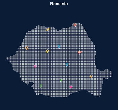 Pixel art map of romania with grid overlay and city markers Vector