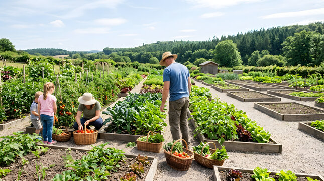 Family harvesting fresh vegetables in an organic vegetable garden. Parents and children gathering tomatoes and carrots into baskets among raised beds on a sunny day