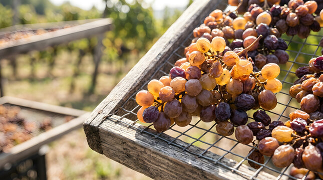 Close up of grapes drying into raisins in the sun on a wire rack. Traditional natural fruit drying process in a vineyard