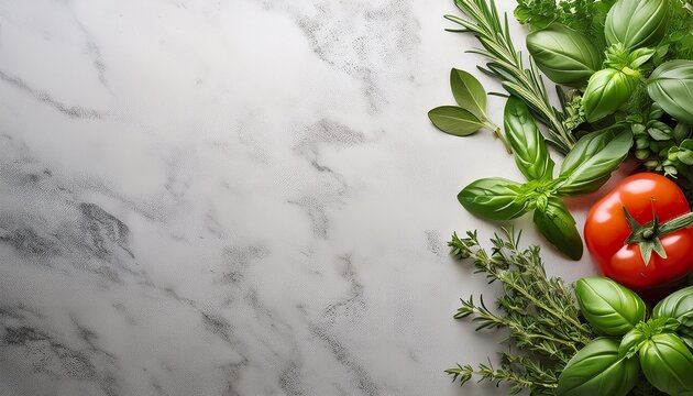 Premium Flat Lay Of Fresh Basil Rosemary Thyme Sage Oregano And Parsley Forming An Elegant Organic Border Along The Left Edge Of A Light Limestone Surface Expansive Clean Copy Space On The Right