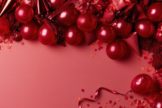 Festive burgundy balloons and party props arranged at the top of a dusty rose surface with copy space for birthday banners