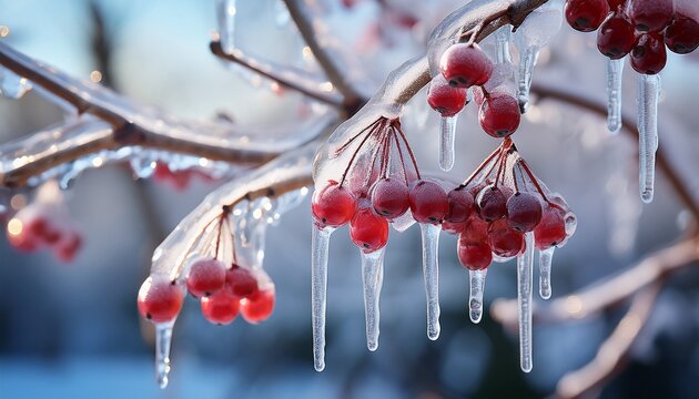 Frozen Berries Dangling With Delicate Icicles On Bare Winter Branches