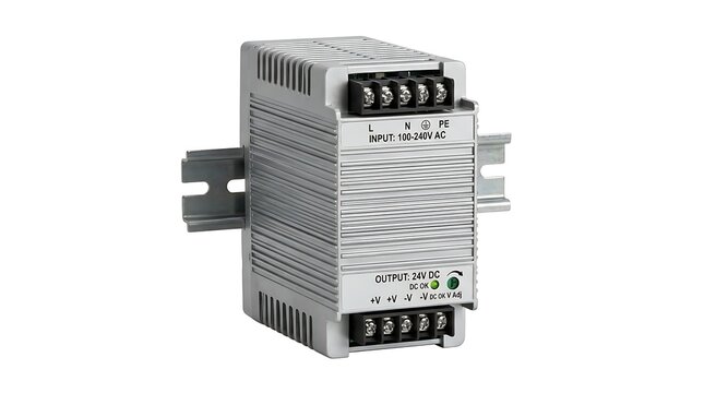Industrial DIN rail mounted DC 24V switching power supply unit isolated on white background