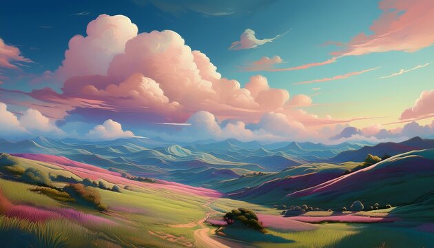 Pastel Sky With Fluffy Clouds And Rolling Hills Landscape