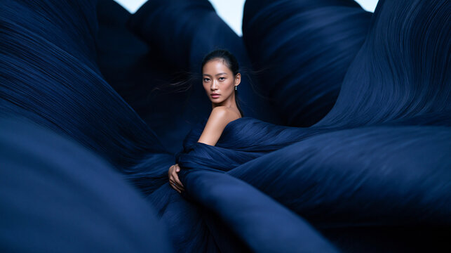 Fashion Model Draped in Voluminous Sculptural Blue Fabric