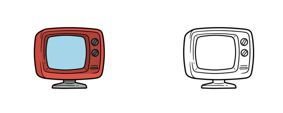 Retro TV set vector illustration in red and black line art styles displaying vintage television with test pattern screen on white background