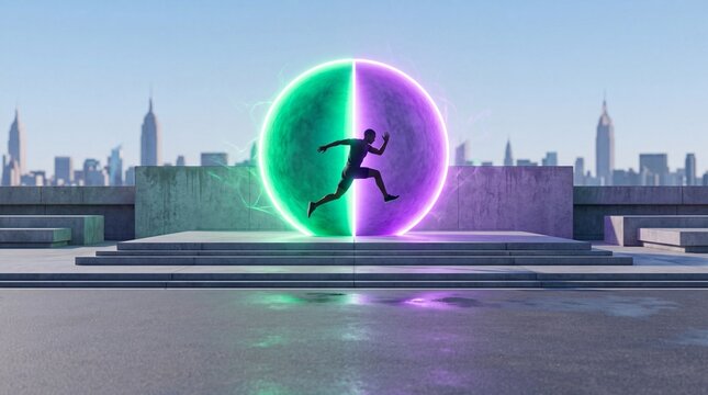 Silhouette of Man Leaping Through Glowing Futuristic Portal