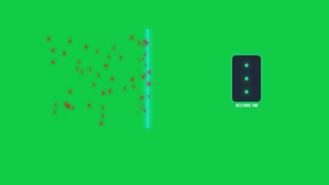 Hacking vs firewall simulation with red binary code attacking a secure database behind a glowing barrier on a green screen motion graphic loop