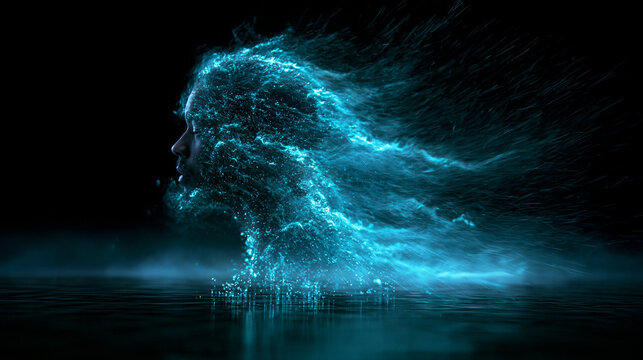 Abstract Digital Human Face Formed by Glowing Blue Particles