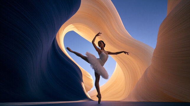 Ballerina Dancing Elegantly in Abstract Sculptural Canyon