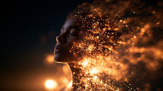 Woman Dissolving into Glowing Golden Light Particles