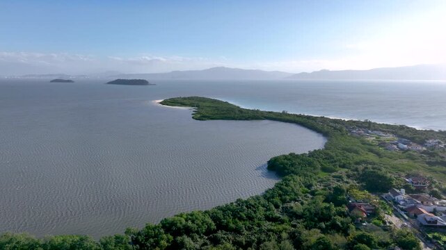 Florian&oacute;polis, Daniela Beach. Aerial View of Tropical Coastline. Establishing Shot. Santa Catarina, Brazil.