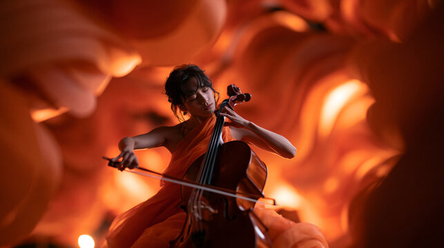 Female Cellist Playing Cello in Dramatic Artistic Setting