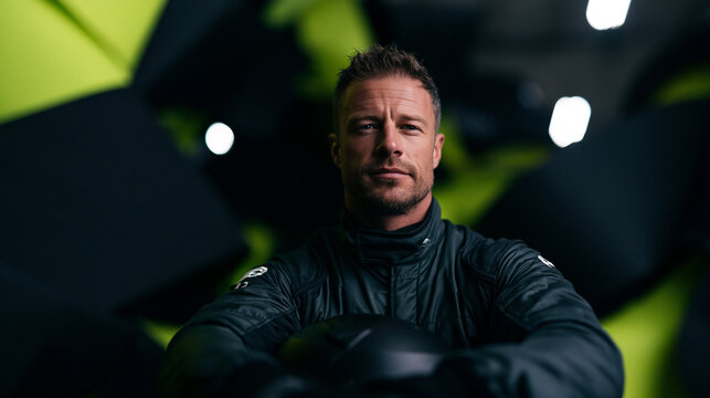 Professional Motorsports Driver in Racing Suit Holding Helmet