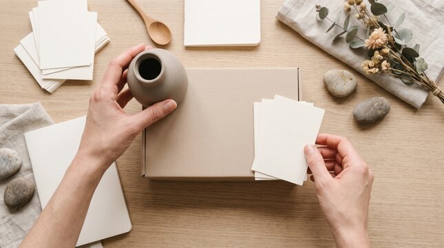 Hands holding blank white cards and a small grey vase next to a cardboard box