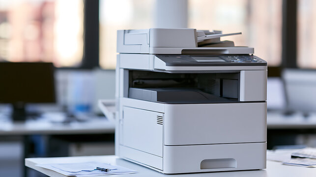 Modern office printer standing on a desk in a bright corporate workspace, ready for document production, paper copy work, and business u