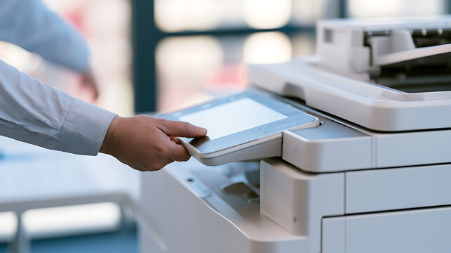 A business professional operate a modern office copy machine to scan documents and manage paperwork daily workflow in a bright corporate room