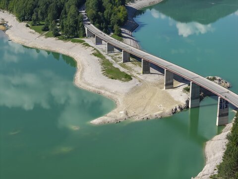 Mountain lake, mountains, reflection, sunny, summer, drought, low water, drought, bridge, road, cars, aerial view, August 2026, Sylvenstein Dam, Sylvensteinsee, Isar, Lenggries, Bavarian Alps, Bavaria, Germany
