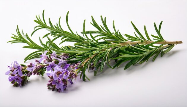 Rosemary Herb Branch With Small Purple Flowers Isolated On White Background Ready For Culinary Botanical And Design Applications