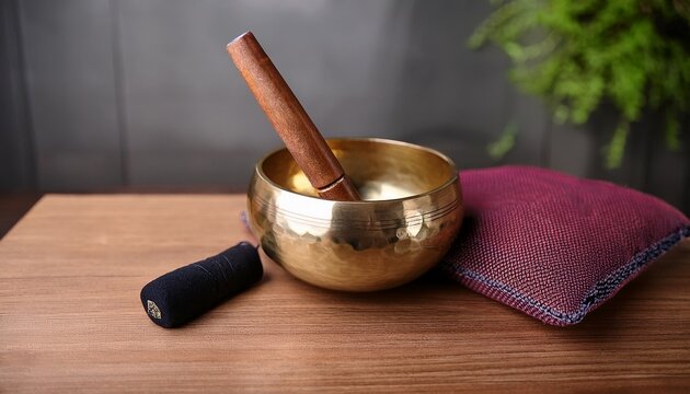 Tibetan Singing Bowl With Wooden Striker And Cushion