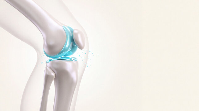 3D clinical illustration of glowing human knee joint with cyan synovial fluid