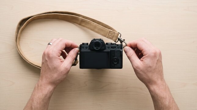 Hands attaching a beige canvas carrying strap to a black mirrorless digital camera