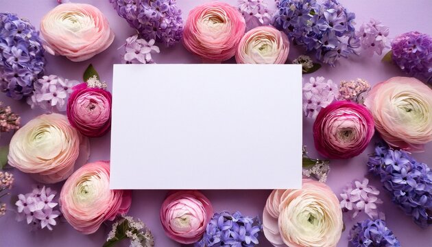 Blank White Card Mockup With Pastel Pink And Purple Flowers Flat Lay Floral Background With Copy Space For Invitation Or Message