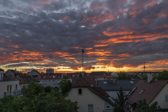 Dramatic evening sky with red clouds, Stuttgart, Baden-W&uuml;rttemberg, Germany