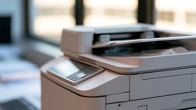 Modern office multifunction printer and copier machine on a desk in a bright workplace interior for business document production and work