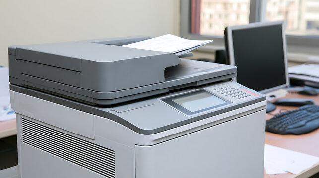 Modern office printer and scanner machine on wooden desk in professional workplace interior with computer monitor and paperwork document background