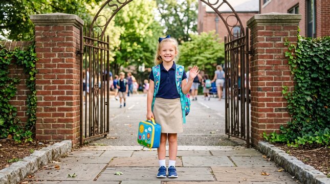 Young girl in school uniform waves goodbye holding lunchbox at school gate with other students in background
