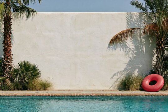 Plastered garden wall behind a luxury swimming pool with palms and a pink float, featuring a sun-baked texture and copy space for holiday rental marketing
