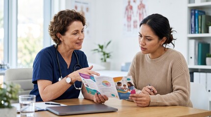 Obraz premium Doctor explains medical information to concerned patient in consultation room