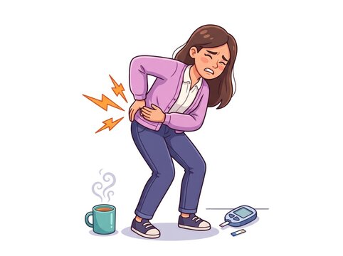Woman with Stomach Pain and Blood Glucose Monitor Illustration