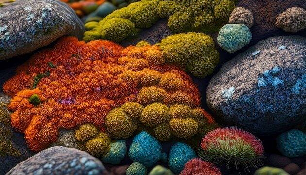 Vibrant Lichens And Mosses On Rocky Surface In Diverse Tones And Textures