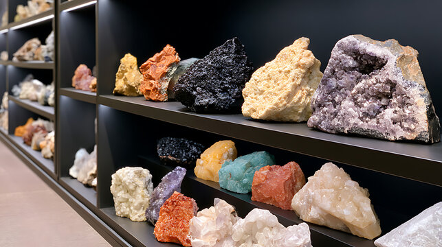 Colorful collection of raw mineral crystals, gemstones, and rock specimens neatly displayed on dark illuminated shelves in a museum exhibition