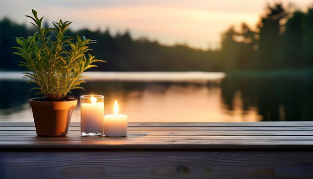 Tranquil Lakeside Evening With A Lit Candle And Potted Plant On A Wooden Table