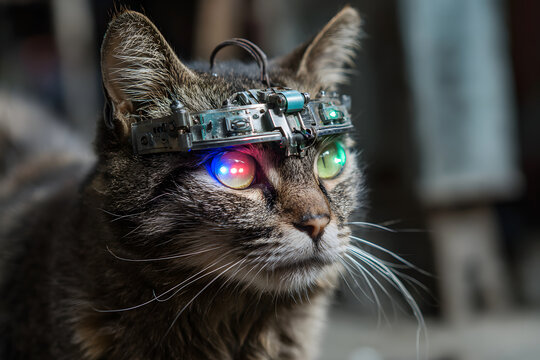 Cyborg cat with a glowing mechanical eye
